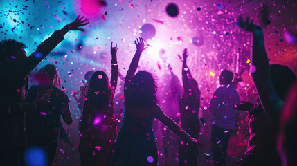 Dynamic scene of people dancing and celebrating at a party or club with confetti in the air and...