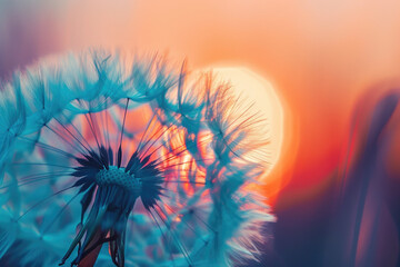 Dandelion in field at sunset, close up