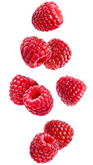 Flying ripe juicy raspberries isolated on a white background.