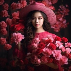 Woman in Pink Hat Holding Bouquet of Flowers
