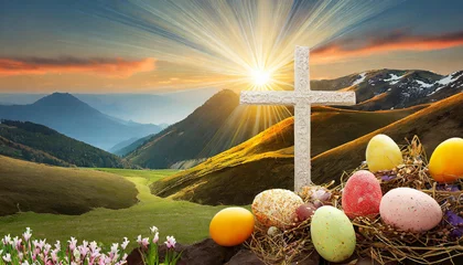 Fotobehang easter eggs in the meadow with religion Christian cross © Animaflora PicsStock