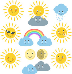 Funny cartoon sun moon and clouds