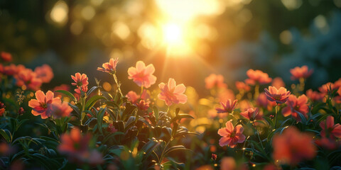 Beautiful Pink Flowers Field at Sunset with Sun in Background and Dreamy Atmosphere