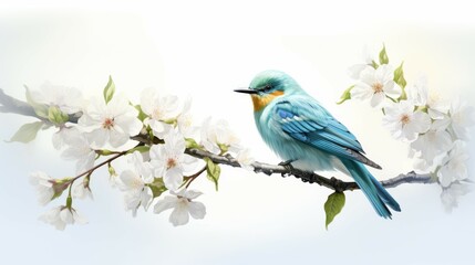 Blue Bird Perched on Blossoming Tree Branch