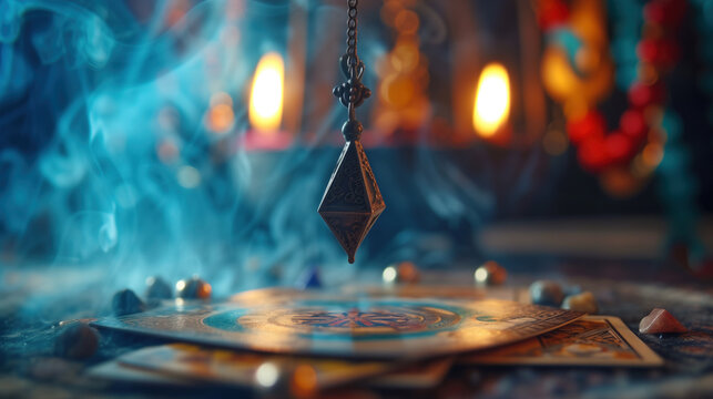 Enigmatic Scene with a Dowsing Pendulum over Tarot Cards and Crystals in Mystic Ambiance.