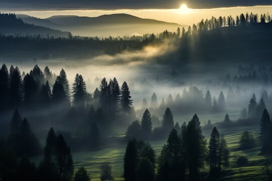 a foggy landscape with trees and mountains