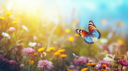Fototapeta na wymiar Butterfly Flying Over Field of Flowers