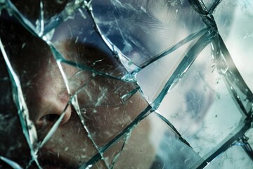 An abstract photo of a shattered glass surface overlaid with a subtle image of a person's face expressing anxiety
