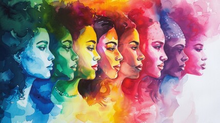 International Women's Day. Rainbow Watercolor Profiles of Diverse Women