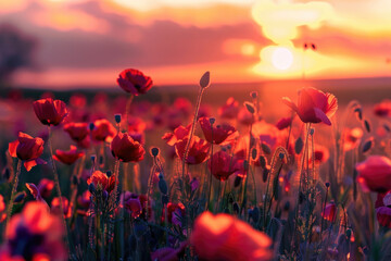 Beautiful meadow with red poppy flowers in the sunset light