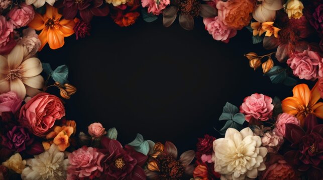 Roses and flowers framed in love: a beautiful floral with black Background.
