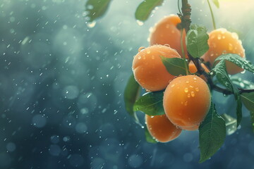 A bunch of apricots in drops of water and sunlight. The concept of abundance and freshness - Powered by Adobe