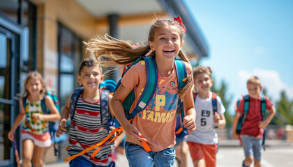 Beautiful portrait caucasian girl kid with school bag laughing at camera when group of pupils running out school on the last studying day before holidays. People's emotions and education concept image - obrazy, fototapety, plakaty