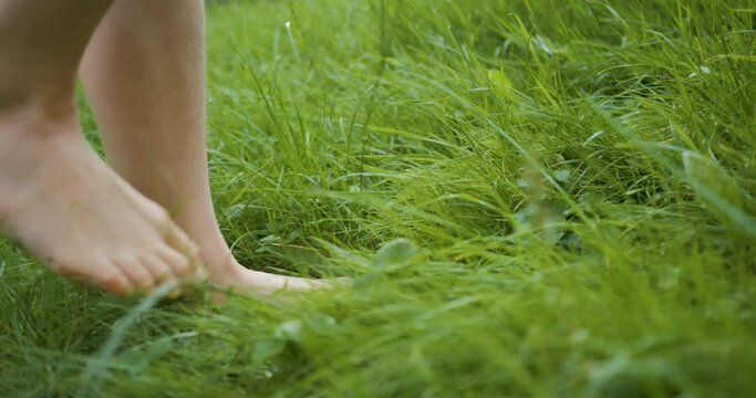 Teenager Girl Walking Bare Feet on Grass in Forest in Summer. Women's Feet Walking on Fresh Wet Grass on Garden in Summer Slow Motion. Barefoot and Healthy Care Feet. Healing Foot Massage Relax.