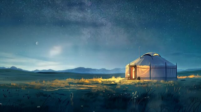 A rustic Mongolian ger nestled in the vast steppes, with views of rolling grasslands at night. Fantasy landscape anime or cartoon style, looping 4k video animation background