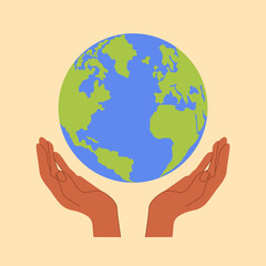 Hands holding Earth globe poster, banner. Save the planet, protect the Earth, environment problems, saving nature together concept. Earth Day vector illustration design
