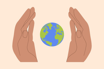 Hands holding Earth globe poster, banner. Save the planet, protect the Earth, environment problems, saving nature together concept. Earth Day vector illustration design