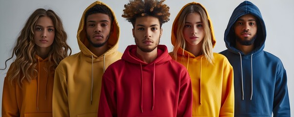 Mockup of a blank hoodie A diverse group of individuals modeling blank hoodies showcasing the versatility of the garment. Concept Fashion, Clothing, Diversity, Modeling, Blank Hoodies