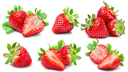 Set of ripe strawberries, some of them cut or with leaves, isolated on a white background.