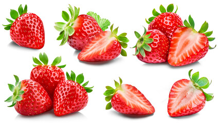 Set of juicy strawberries, some of them cut, isolated on a white background.