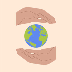 Hands holding Earth globe poster, banner. Save the planet, protect the Earth, environment problems, saving nature together concept. Earth Day vector illustration design