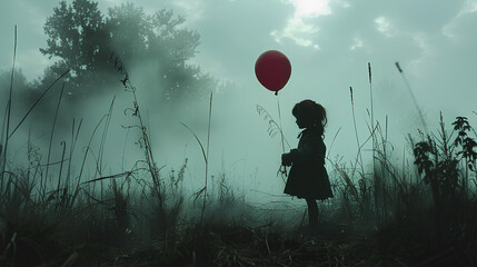 photo of a doll holding a balloon with a scary background - obrazy, fototapety, plakaty