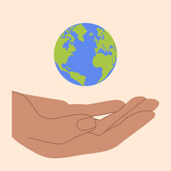 Hand holding Earth globe poster, banner. Save the planet, protect the Earth, environment problems, saving nature together concept. Earth Day vector logo, icon illustration design