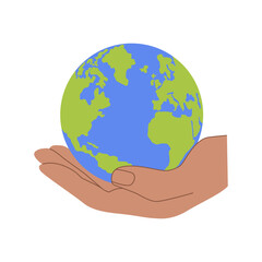Hand holding Earth globe poster, banner. Save the planet, protect the Earth, environment problems, saving nature together concept. Earth Day vector logo, icon illustration design