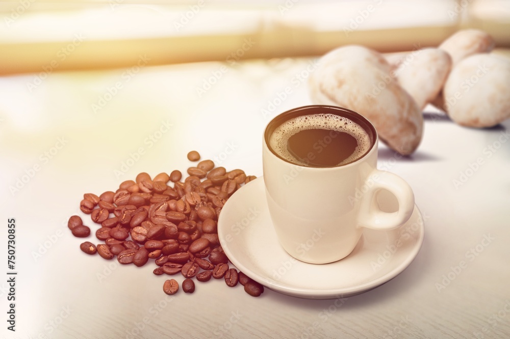 Sticker trendy superfood coffee in cup on desk