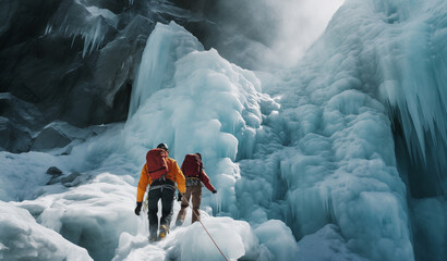 Rope team climbers dressed in climbing clothes,safety harnesses under frozen vertical waterfall icefall during high mountanaring ascending mount peak. Active people and sports activities concept image