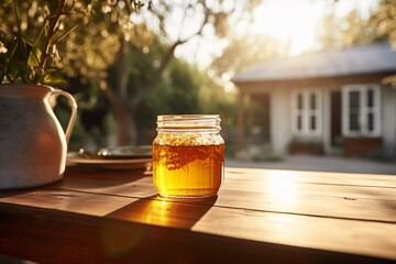 a jar of honey on a table