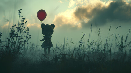 photo of a doll holding a balloon with a scary background