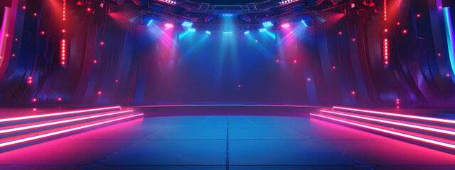 An empty dramatic spotlight shines on a stage bathed in colorful concert lights.