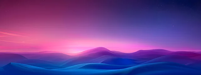 Zelfklevend Fotobehang Mountain landscape bathed in the colorful hues of sunrise and sunset illustration wallpaper banner background. © Alice a.