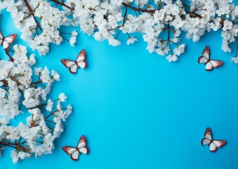 Blue Background With White Flowers and Butterflies