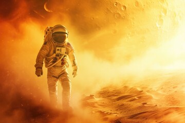 an astronaut navigating through an alien desert, with swirling dust creating a surreal atmosphere, during the planet's sunset