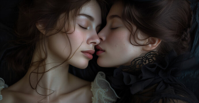 Beautiful female lovers kissing closeup with light effect. Homosexual couple. Lesbians Concept.