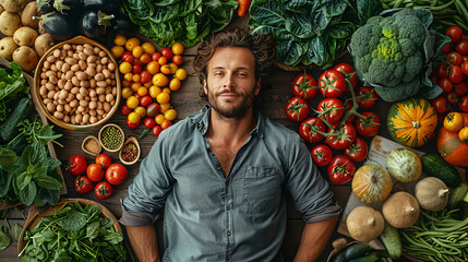 A man lies on a background of healthy fruits and vegetables. World Health Day.
