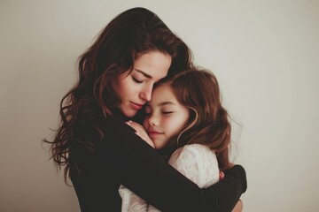 mother and daughter hugging against on minimal background