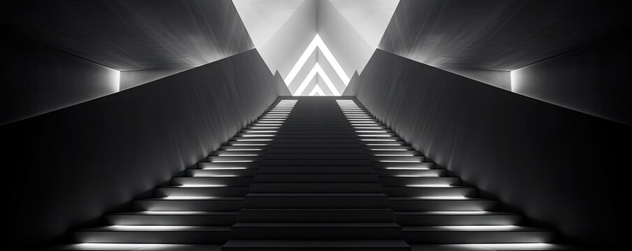 Fototapeta A monochrome staircase with an artistic light illuminating its perfect symmetry, creating a wild and emotive atmosphere