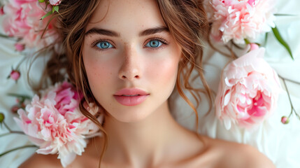 A beautiful young woman with pink peony flowers lying on the bed