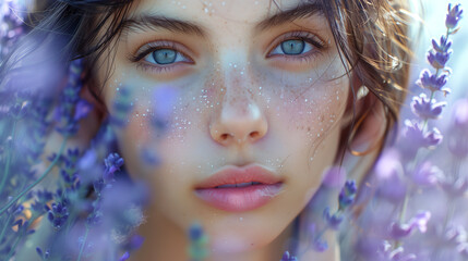Portrait of a beautiful young woman in the lavender field.