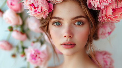 Portrait of a beautiful young woman with pink flowers in her hair.