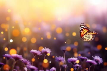 Butterfly Flying Over Field of Purple Flowers