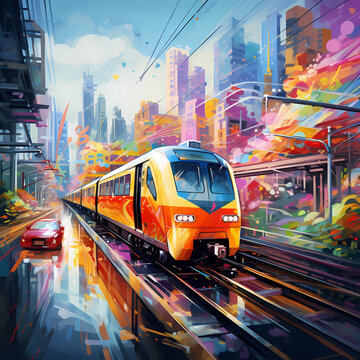 Train speeding through a vibrant city.