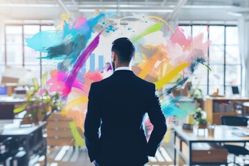 An executive in a modern office environment, merging with abstract illustrations that represent innovation and creativity