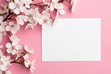 Fototapeta na wymiar Pink Background With White Flowers and Card