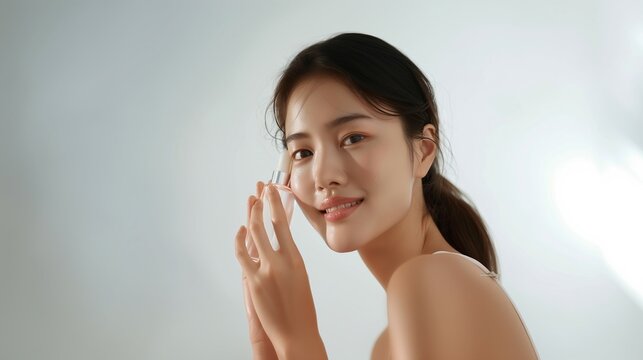 Female during Korean skincare routine, focusing on cleansing and moisturizing. 