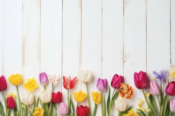 Colorful Tulips in Row on White Background