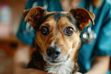 Veterinarian in blue uniform with stethoscope performing a routine examination of a dog in a vet clinic. Close-up, selective focus on a dog. Treatment and vaccination of pets.